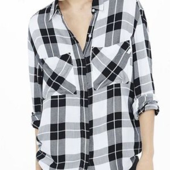 Express Black/White/Gray Plaid Button-Down Shirt - Picture 12 of 13